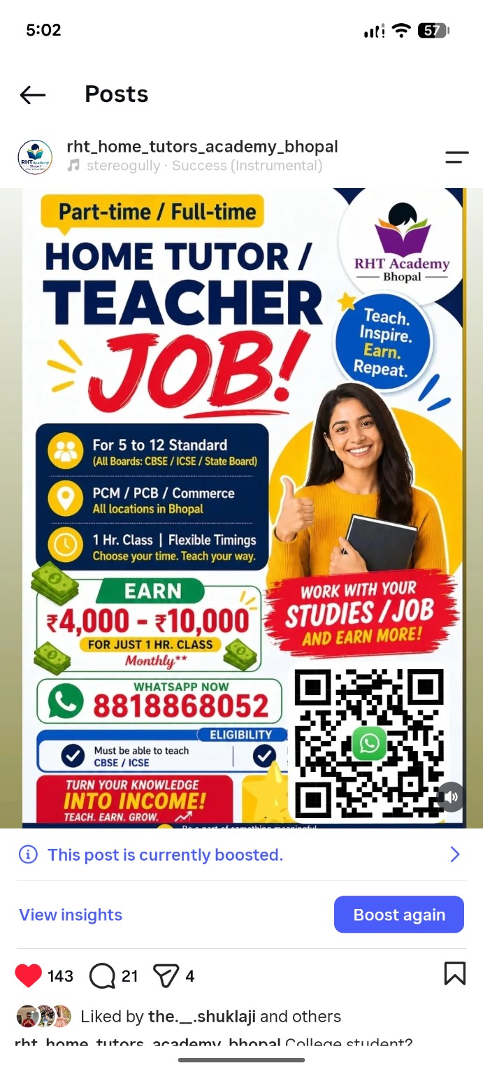 Latest RHT Academy tutor opportunity Instagram post